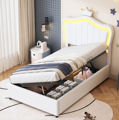 MEUNIQ kinderbed 90x200 cm met LED-verlichting, hydraulische opbergruimte, verstelbaar hoofdbord, lattenbodem en kroonvormig design voor de kinderkamer, wit