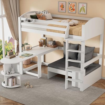 BLACKCOLORS Hoogslaper 90×200 cm met ladder, uitschuifbare tafel, bank en drie kussens met opbergplanken Wit