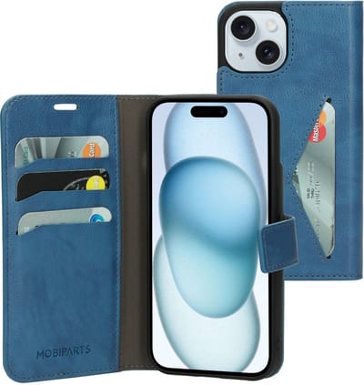 Mobiparts hoesje geschikt voor Apple iPhone 15/14/13 - Wallet/Boekhoesje - Eco Leer - Magneet Sluiting - Opberg vakken - Blauw