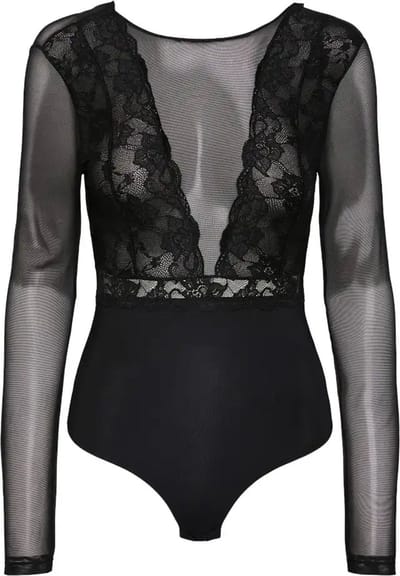 Pieces Kanten body lange mouw zwart- Sicca Bodystocking - Luxe lingerie bodysuit - Zwart - Bordeaux - Zwart / XS