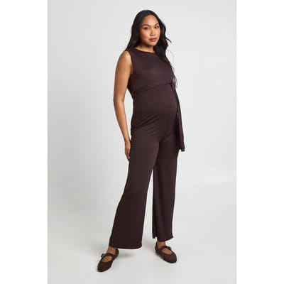boohoo Dames Zwangerschaps Geribbelde Jumpsuit Zonder Mouwen Met Ceintuur Voor Lounge | Chocolate | Maat: 8
