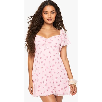 boohoo Dames Ditsy Floral Mesh Mini-jurk met Engelachtige Mouwen en Strik aan de Voorkant | Lichtroze | Maat: 44
