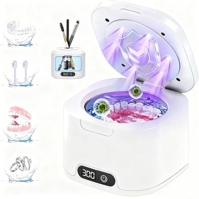 Ultrasone reiniger voor retainers – UV-ultrasoonreinigingsmachine – Reinigingsbad voor gebitsprotheses – 340 ml inhoud – Geschikt voor gebitsbeschermers– kunstgebitten– beugels, tandenborstelkopjes en make-upkwasten – 49 kHz – wit