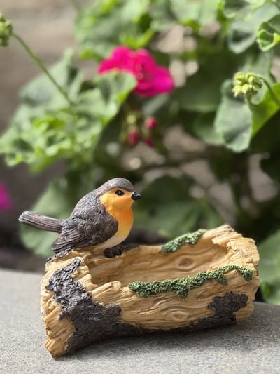 Roodborst op houten bak 6 cm hoog - bad of drinkbak vogeltjes - polyester - polystone - beeld - tuinbeeld - hoogkwalitatieve kunststof - decoratiefiguur - interieur - accessoire - voor buiten - cadeau - geschenk - kerst - nieuwjaar