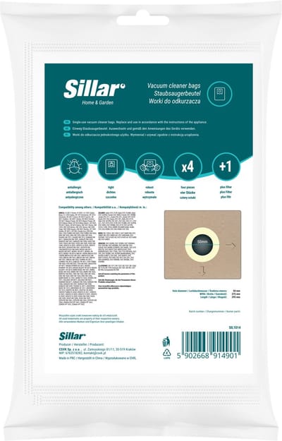 Sillar, stofzuigerzakken, van stof, met 1x inlaatfilter, 3 filterlagen, vervangingsonderdeel, geschikt voor stofzuigers van AEG, Amica, Bosch, Karcher, LG, Philips, Zelmer, 4 stuks