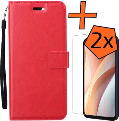 Hoes - Met 2x Screenprotector - Geschikt voor Samsung Galaxy A15 - Luxe Pasjeshouder - Bookcase Portemonee - Flip Case - Kunstleer Book Case - Flipcase Hoes - Book Cover - Walletcase - PortemonneeHoes - Rood