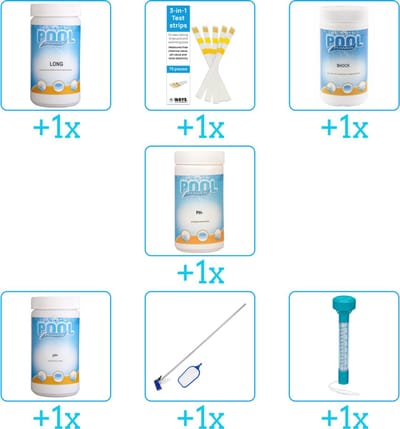 Zwembad Onderhoudspakket - Onderhoud Zwembad - bevat Chloor - Testrips - Chloor - PH-min - PH-plus - Schoonmaakset en Thermometer (7-delig)