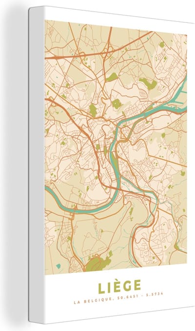 Canvas Schilderij Kaart - Stadskaart - Vintage - Luik - Plattegrond - 20x30 cm - Wanddecoratie