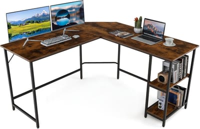 COSTWAY L-vormig Bureau, bureau voor thuiskantoor met 2 planken, computerbureau met metalen frame & voetsteun, hoekbureau voor kantoor, slaapkamer en studeerkamer (bruin)