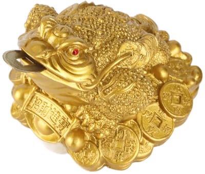 Dailygoods- Geluksmunt Gouden Kikker - Geluksbrenger - Feng Shui Decoratie - Rijkdom - Hars - 10" x 7" x 10