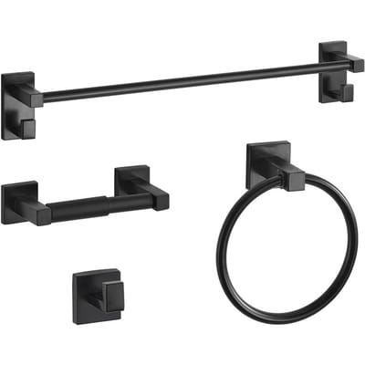 Ensemble d'accessoires de salle de bain noir mat, Ensemble de 4 pièces en acier inoxydable pour salle de bain, Barre à serviettes de 60 cm, Anneau à serviettes, Crochets pour peignoir, Porte-papier toilette