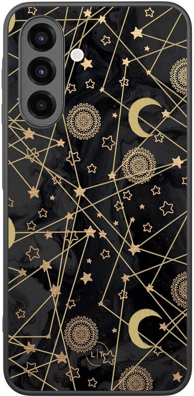Leuke Telefoonhoesjes - Hoesje geschikt voor Samsung Galaxy A26 - Sterren, zon, maan - Backcover zwart - Print / Illustratie - Zwart, Goud