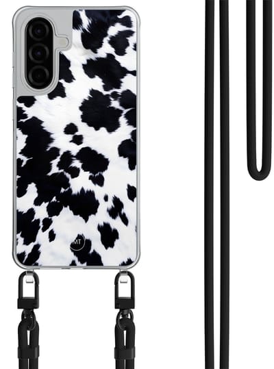 Hoesje met koord geschikt voor Samsung Galaxy A36 - Koeienprint - Inclusief Zwart koord - Crossbody beschermhoes - Transparant, Zwart, Wit - Mooie Telefoonhoesjes