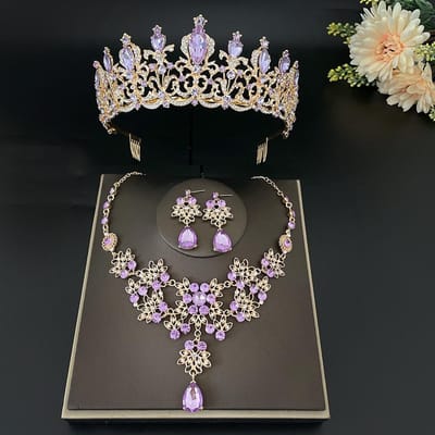 Paarse Bruidskroon Driekwart Pak Bruiloftskroon Tiara Ketting Oorbellen Koreaanse Super Fee Bruidsjurk Accessoires gray