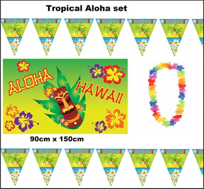 Tropical Aloha set - 2x vlaggenlijn Aloha 500cm + 1x Vlag Aloha 90cmx150cm + 12x hawaikrans - Tropicalparty beachparty themafeest beach summer