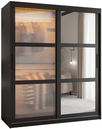 Zweefdeurkast Kledingkast met 2 schuifdeuren glanzen slaapkamerkast Kledingstang met planken Garderobekast met geribbeld glas - ARTON 2 (150 cm, Zwart)