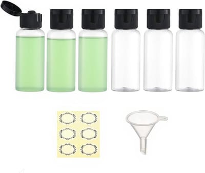 Set van 6 Lege Plastic Reisflesjes van 50ml met Flip Cap - Herbruikbare Flessen voor Vloeistoffen, Lotion, Toilettas en Cosmetica met Trechter en Labels, TSA Goedgekeurd
