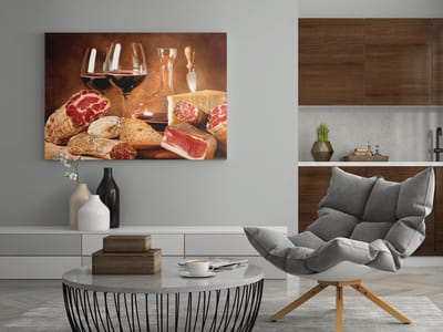 Canvas Schilderij - Rode Wijn - Vlees - Kaas - Eten - Drinken - 60x40x2 cm