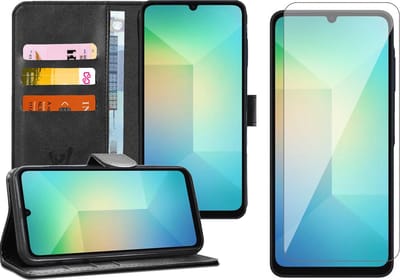 Hoesje geschikt voor Samsung Galaxy A06 - Screenprotector Glas - Portemonnee Book Case Zwart
