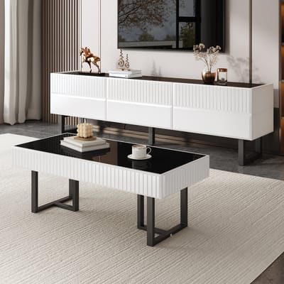 DESMIU Salontafel En Tv Meubel Set - Met Opbergruimte En Open Vakken - Voor Moderne Woonkamer - MDF En Spaanplaat - 170x35x47 En 110x50,5x41 Cm - Zwart Wit