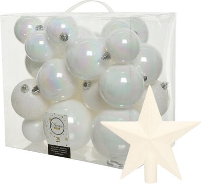 Kerstversiering kunststof kerstballen parelmoer wit 6-8-10 cm pakket van 27x stuks - Met kunststof ster piek van 19 cm