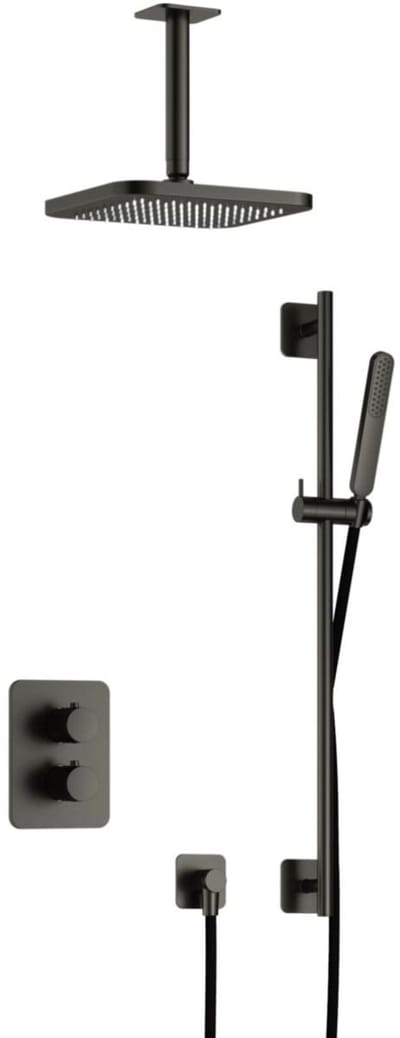 Hotbath Gal - Inbouw Regendoucheset - Geborsteld Gunmetal PVD - Thermostatisch - Plafondbuis 15 cm - Hoofddouche 220 mm - Staafhanddouche - Glijstang 900 mm - met 2-Weg Stop-Omstel
