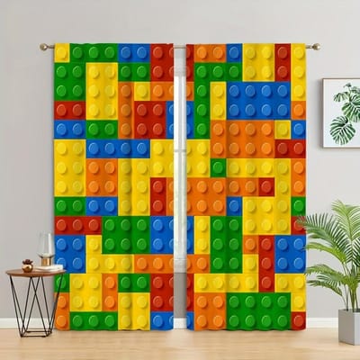 Blocs de dessin animé Cube Coloré Rideaux pour enfants Traitement de fenêtre Conçu pour Salle de repos Bureau Cuisine Salon Décoration Décoration de la maison Décoration de pièce W60 X H150(CM)X2&Grommet Top