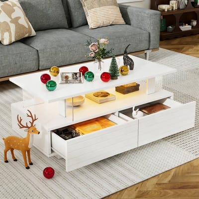 REDOM Wit LED-acryl salontafel met opbergruimte, 2-laags design, app- en afstandsbediening, 100×50×42 cm, max. 30 kg