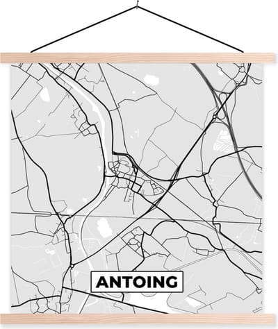 Posterhanger incl. Poster 40x40 cm - Schoolplaat - Stadskaart – Plattegrond – België – Zwart Wit – Antoing – Kaart - Textielposter - Blanke latten - Stadskaart