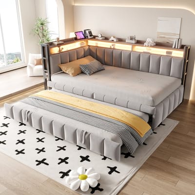 Pugsdrly Gestoffeerde slaapbank 90 x 200 cm met uitschuifbaar bed, ledverlichting en opbergvakken aan het hoofd- en voeteneinde van het bed, uitgerust met USB- en Type-C-poorten. Eenpersoonsslaapbank, lichtgrijze fluwelen stof