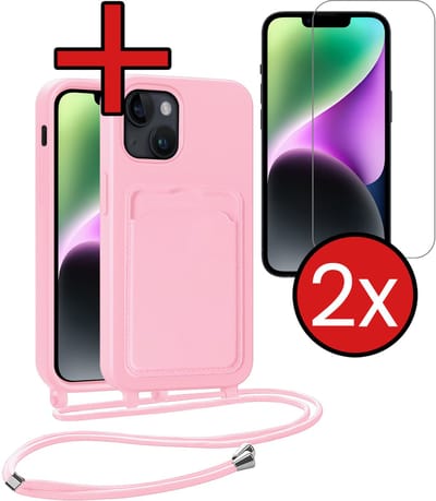 Hoesje Geschikt voor iPhone 13 Hoesje Met Telefoonkoord en Pasjeshouder Met 2x Screenprotector Siliconen - Hoes Geschikt voor iPhone 13 Hoesje Met Kaarthouder Case - Lichtroze