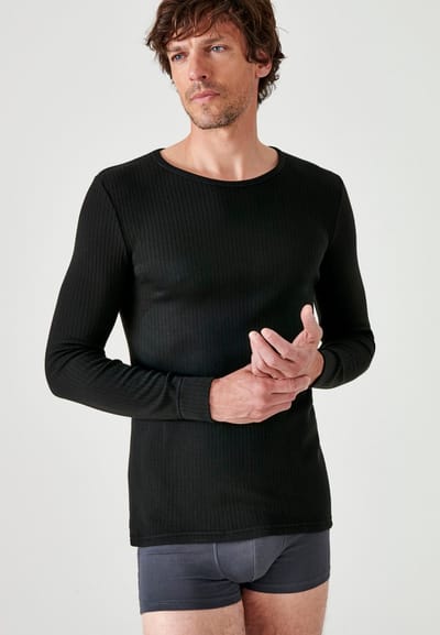 Damart - T-shirt Thermolactyl met ronde hals en geribde fleece - Heren - Zwart - XXL