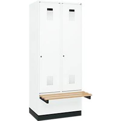 C+P Evolo Plus garderobekast, 2 vakken van elk 400 mm breed, plint, zwevende bank, B 800 x D 815 x H 1950 mm, cilinder, verkeerswit/verkeerswit
