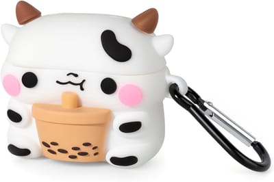 Schattige 3D Boba Tea Koe Hoesje voor AirPods 4e Generatie (2024) met Karabijnhaak