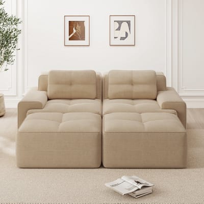 MIVRAY Set 204 x 177 x 69 cm - Modulaire 2-Zits Bank Met Ottoman En Diepe Zitting - Voor Woonkamer - Corduroy Beige