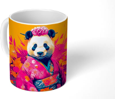 Mok - Koffiemok - Kimono - Roze - Panda - Bloemenkroon - Mokken - 350 ML - Beker - Koffiemokken - Theemok
