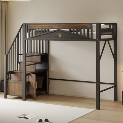 Pugsdrly Metalen hoogslaper 90 x 200 cm, unieke veiligheidsbehuizing met raam, veiligheidsladder met kastje, zwart