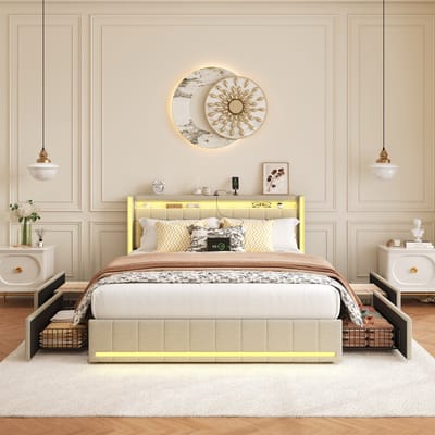 140x200 cm Gestoffeerd Bedframe met LED-verlichting en Opberglades – Hoofdbord met USB & USB-C – Met Lattenbodem – Beige