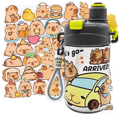 Dailygoody - Capybara Drinkfles - 600 ml - Ideaal voor School Sport en Reizen - Met Stickers - Kindvriendelijk - Waterdicht - Blauw