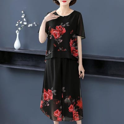 Damespak van chiffon met 2 stuks voor dames van middelbare leeftijd met grote maten, voor lente en zomer, met korte mouwen, losse casual print, tweedelige set 5XL