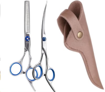Professor Q Combo – Professionele Scharenset voor Honden – Uitdunschaar + Up Gebogen Trimschaar – RVS – Ergonomisch – Inclusief Luxe Lederen Etui – 16,5 cm – Brons