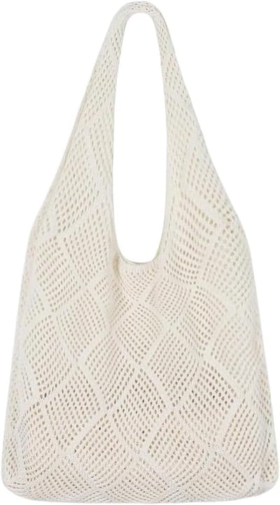 Beige Gehaakte Strandtas voor Dames, Grote Esthetische Tas met Gebreide Schouderband voor Werk, Reizen en Vakantie