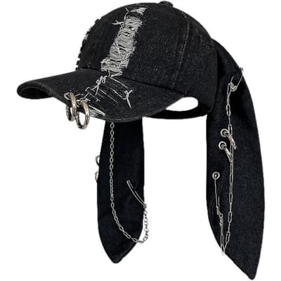 Donkere Kleur Konijnenoren Baseballpet Gescheurd Ontwerp Verstelbaar Y2K Trendpet Denim Straatkleding Baseballpet Trendy Stijl black