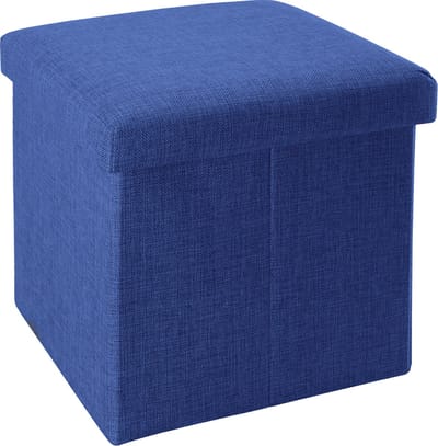 Intirilife Opvouwbaar krukje 30x30x30 cm in SEA BLUE - Zitkubus met opbergruimte en deksel van stof in linnenlook - Zitkubus voetensteun opbergbox kist bankzitting
