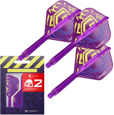 Target Darts Luke Littler World Champion K Flex Flights en Shaft Systeem - Geïntegreerde Dartflights met Shaft - No.2 Paars Geel Design - Intermediate 26mm - 3 Stuks