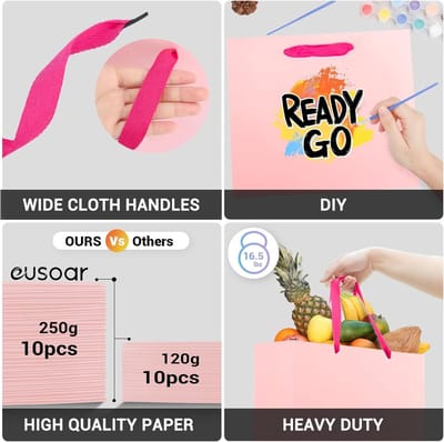 Grote Roze Papieren Tassen 250gsm - 10 Stuks L 32x11.5x28cm | Papieren Tassen met Handvat, Cadeautassen voor Verjaardag en Bruiloft
