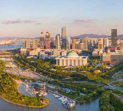 Een panoramische luchtfoto van de skyline van Seoul - Fotobehang (in banen) - 250 x 260 cm
