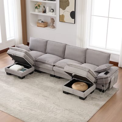 MODENUIT Hoekbank 330 x 132 cm - Modulair 4-Zits Met 2 Hockers En USB-C - Voor Woonkamer - Cord Lichtgrijs