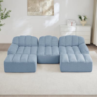 Modulaire bank met 3 zitplaatsen – inclusief 2 voetenbankjes – bank zonder frame met 32D-schuim van hoge dichtheid – geschikt voor de woonkamer en appartementen – antislipontwerp – zachte bekleding – blauw