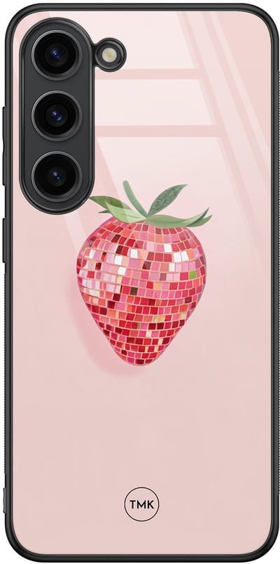 Hoesje geschikt voor Samsung Galaxy S23 - Disco aardbei - Roze - TPU luxe case (glossy toplaag) - Print - Hardcase backcover zwart